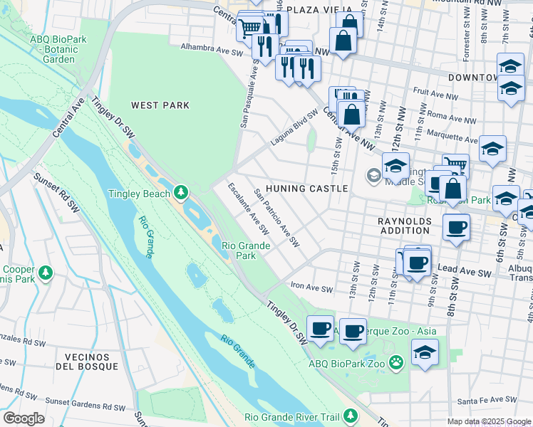 map of restaurants, bars, coffee shops, grocery stores, and more near 1616 San Patricio Avenue Southwest in Albuquerque