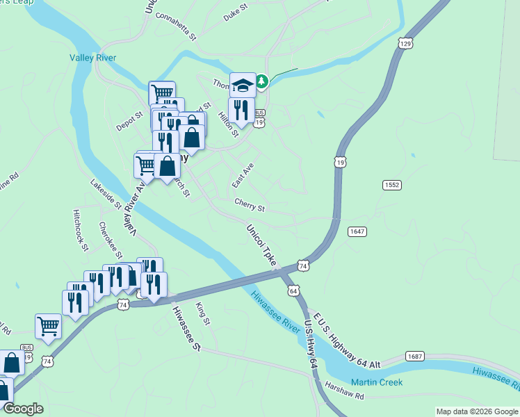 map of restaurants, bars, coffee shops, grocery stores, and more near 35 Fox Street in Murphy