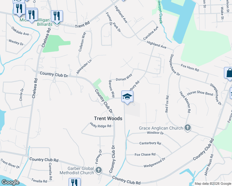 map of restaurants, bars, coffee shops, grocery stores, and more near 3502 Barons Way in Trent Woods
