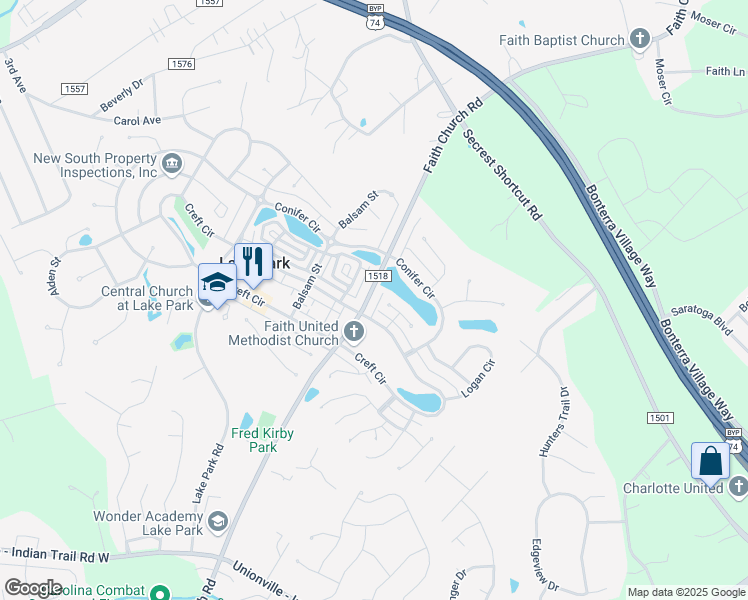 map of restaurants, bars, coffee shops, grocery stores, and more near 3808 Faith Church Road in Indian Trail