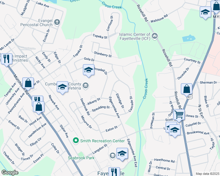 map of restaurants, bars, coffee shops, grocery stores, and more near 1811 Edgecombe Avenue in Fayetteville