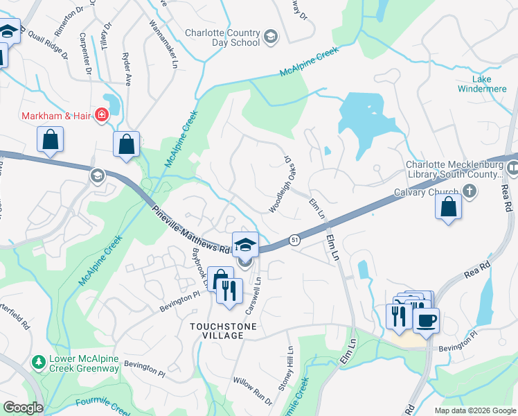 map of restaurants, bars, coffee shops, grocery stores, and more near 6230 Woodleigh Oaks Drive in Charlotte