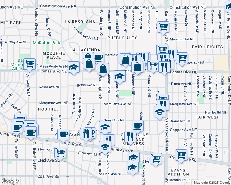 map of restaurants, bars, coffee shops, grocery stores, and more near 441 Jefferson Street Northeast in Albuquerque