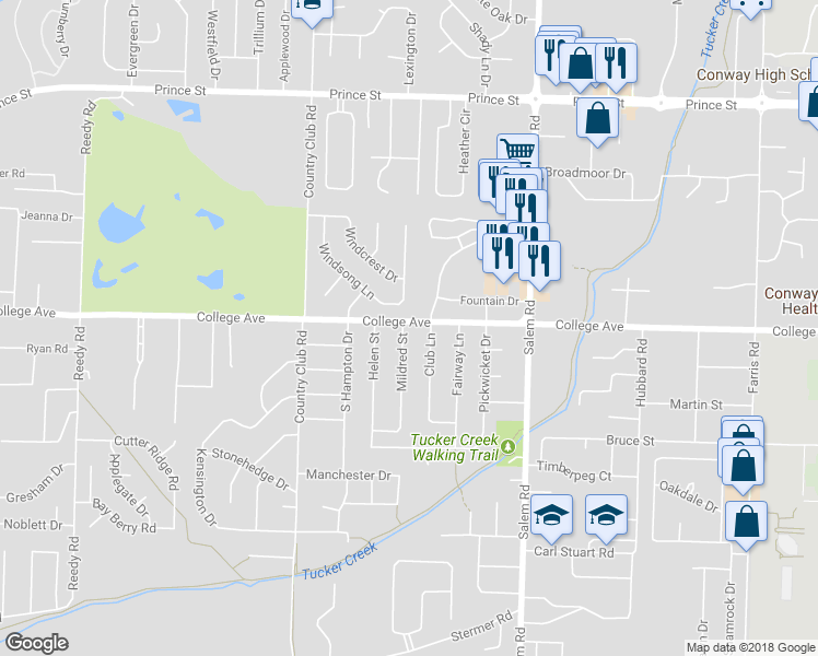 map of restaurants, bars, coffee shops, grocery stores, and more near 3099 College Avenue in Conway