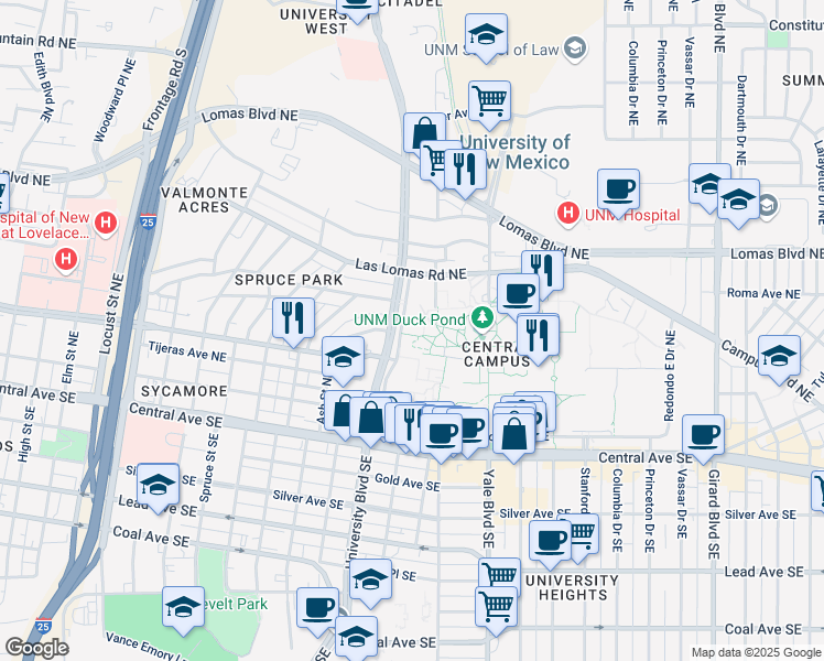 map of restaurants, bars, coffee shops, grocery stores, and more near 1 University Boulevard Northeast in Albuquerque