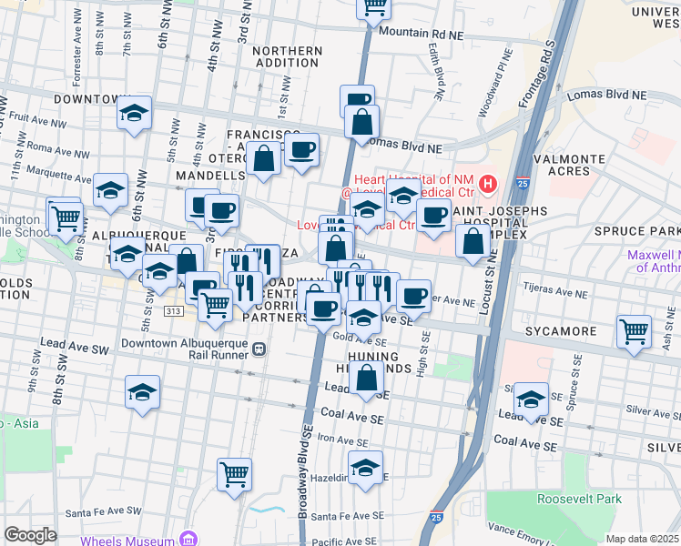 map of restaurants, bars, coffee shops, grocery stores, and more near 300 Tijeras Avenue Northeast in Albuquerque