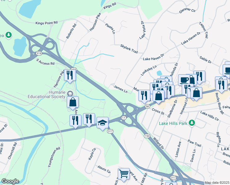 map of restaurants, bars, coffee shops, grocery stores, and more near 4405 James Lane in Chattanooga
