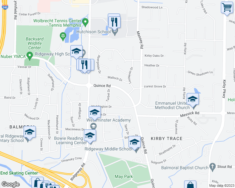 map of restaurants, bars, coffee shops, grocery stores, and more near 2350 Culloden Cove in Memphis