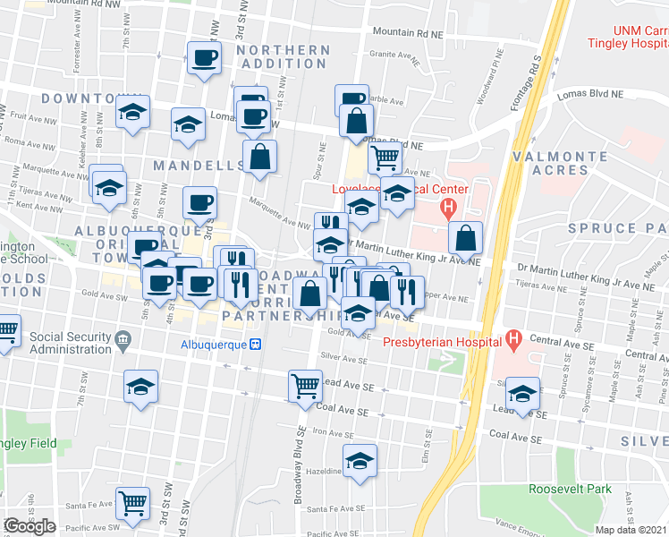 map of restaurants, bars, coffee shops, grocery stores, and more near 300 Tijeras Avenue Northeast in Albuquerque