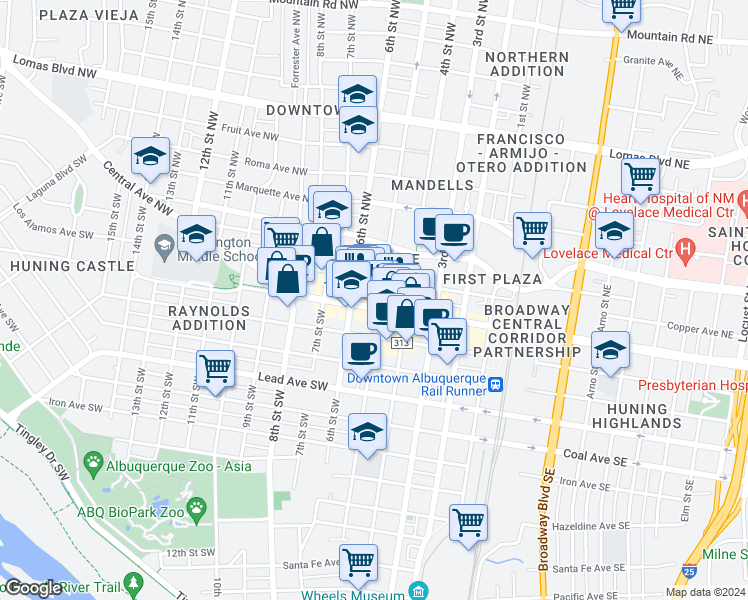 map of restaurants, bars, coffee shops, grocery stores, and more near 505 Central Avenue Southwest in Albuquerque