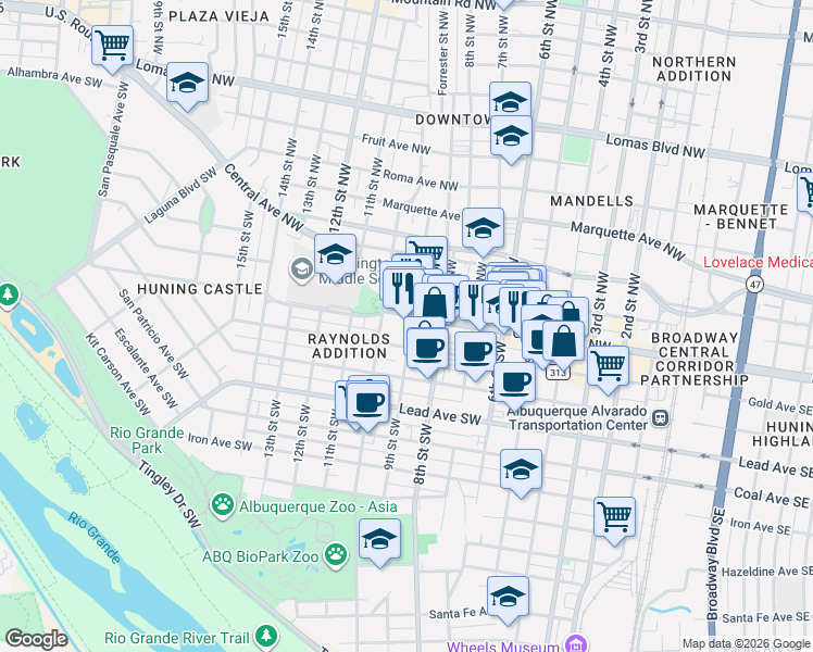 map of restaurants, bars, coffee shops, grocery stores, and more near 810 Park Avenue Southwest in Albuquerque