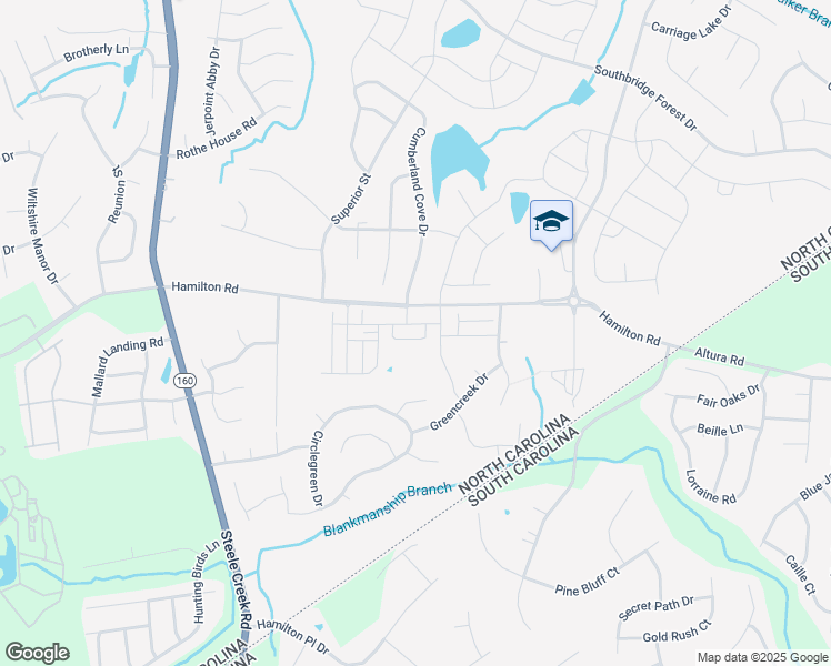 map of restaurants, bars, coffee shops, grocery stores, and more near 12501 Hamilton Road in Charlotte