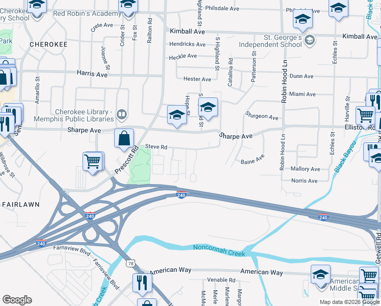 map of restaurants, bars, coffee shops, grocery stores, and more near 3447 Steve Road in Memphis