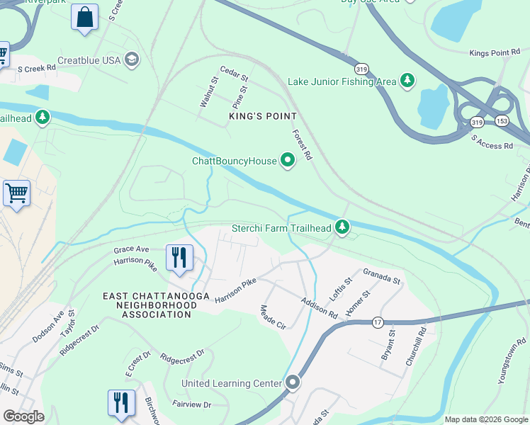 map of restaurants, bars, coffee shops, grocery stores, and more near 2774 Waterhaven Drive in Chattanooga