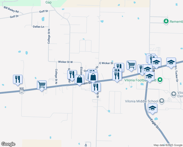 map of restaurants, bars, coffee shops, grocery stores, and more near 11 North Church Street in Vilonia