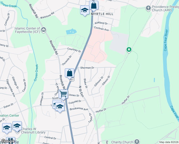 map of restaurants, bars, coffee shops, grocery stores, and more near 1919 Mimosa Lane in Fayetteville