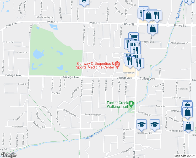 map of restaurants, bars, coffee shops, grocery stores, and more near 445 Helen Street in Conway