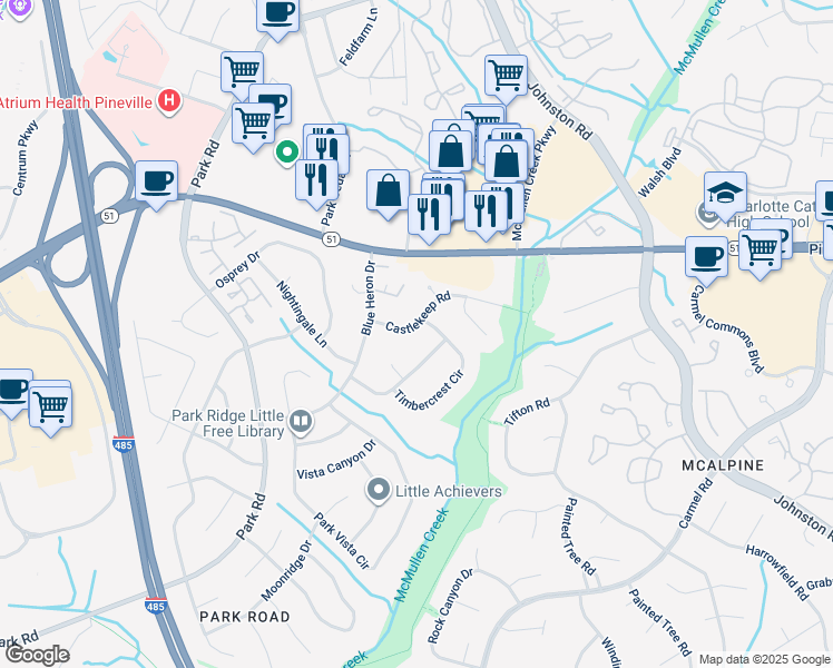map of restaurants, bars, coffee shops, grocery stores, and more near 8509 Castlekeep Rd in Charlotte
