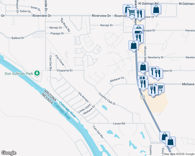 map of restaurants, bars, coffee shops, grocery stores, and more near 2549 Country Club Lane in Bullhead City