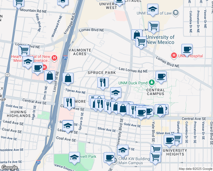 map of restaurants, bars, coffee shops, grocery stores, and more near 411 Maple Street Northeast in Albuquerque