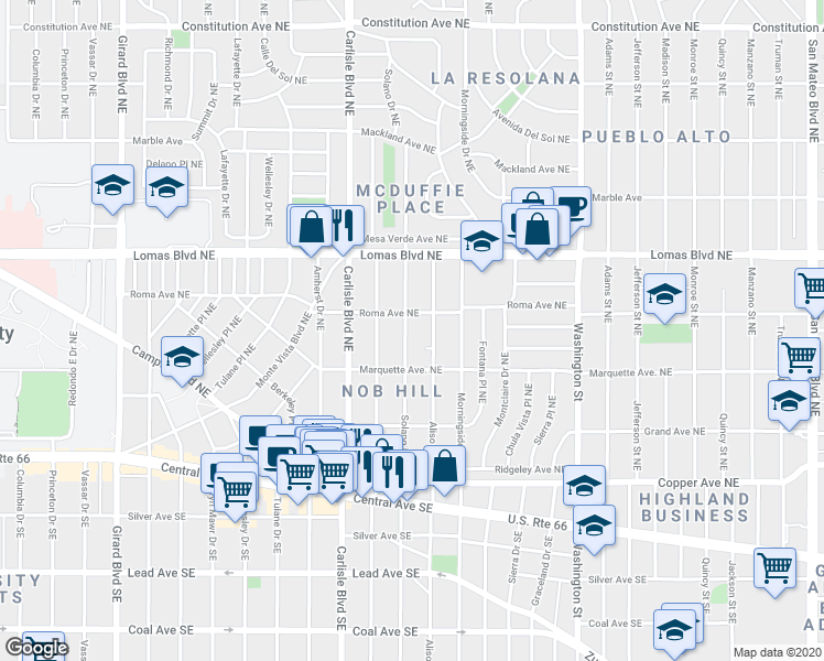 map of restaurants, bars, coffee shops, grocery stores, and more near 434 Solano Drive Northeast in Albuquerque