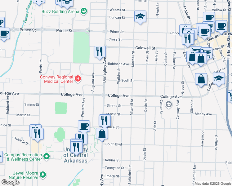 map of restaurants, bars, coffee shops, grocery stores, and more near 2002 College Avenue in Conway