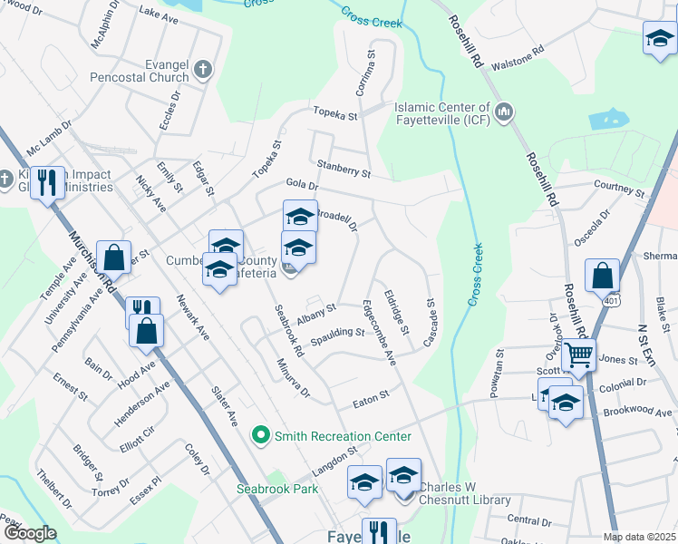 map of restaurants, bars, coffee shops, grocery stores, and more near 1811 Broadell Drive in Fayetteville