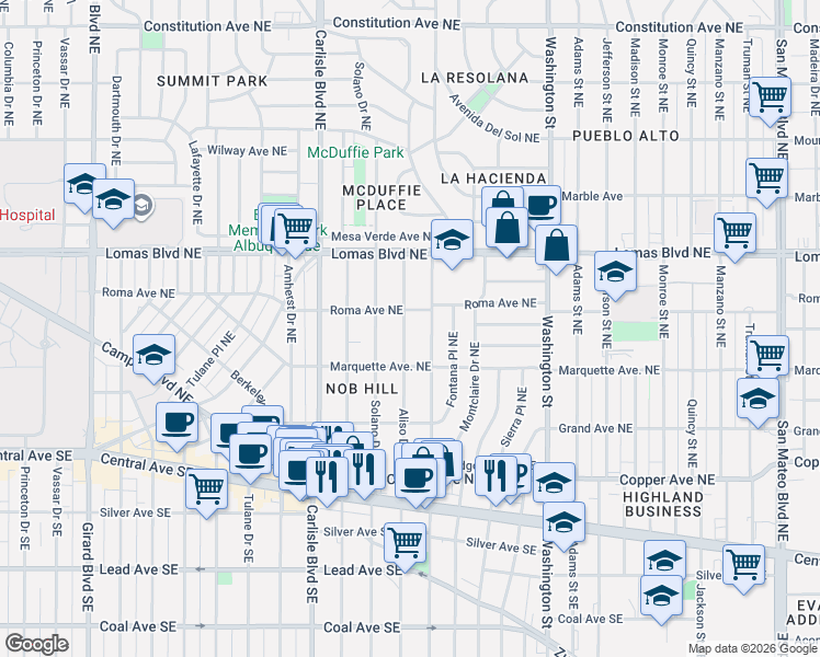 map of restaurants, bars, coffee shops, grocery stores, and more near 432 Aliso Drive Northeast in Albuquerque