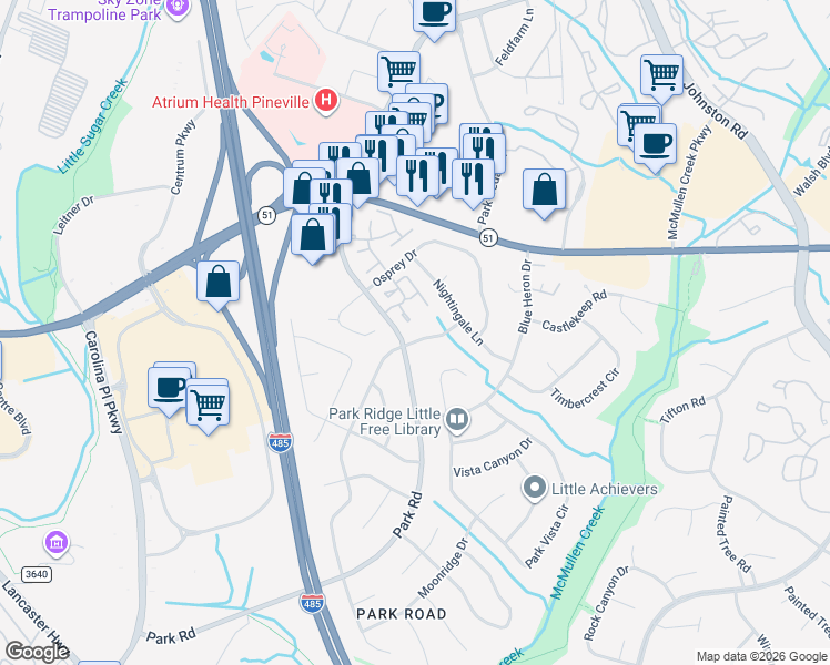 map of restaurants, bars, coffee shops, grocery stores, and more near 10716 Kingfisher Dr in Charlotte
