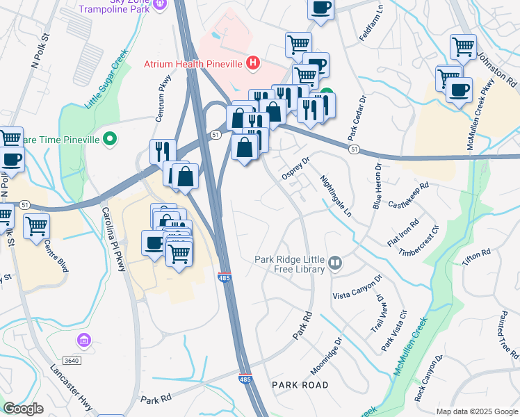 map of restaurants, bars, coffee shops, grocery stores, and more near 10329 Osprey Drive in Pineville
