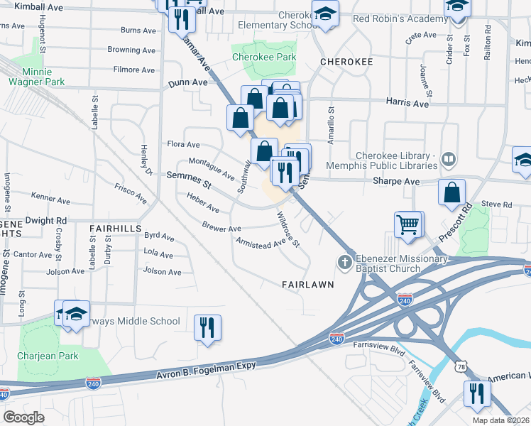 map of restaurants, bars, coffee shops, grocery stores, and more near 2957 Semmes Street in Memphis