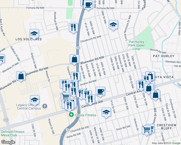 map of restaurants, bars, coffee shops, grocery stores, and more near 330 63rd Street Northwest in Albuquerque