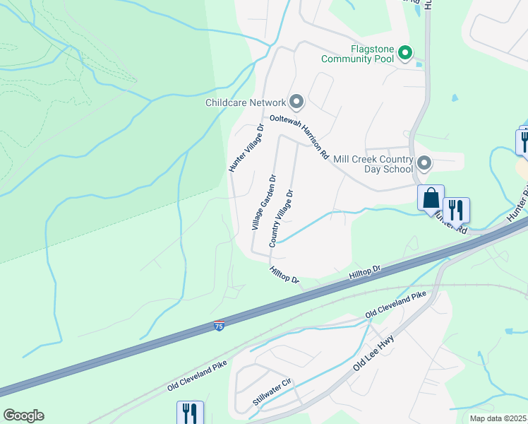 map of restaurants, bars, coffee shops, grocery stores, and more near 5400 Village Garden Drive in Ooltewah