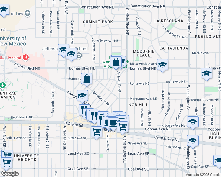 map of restaurants, bars, coffee shops, grocery stores, and more near 3507 Monte Vista Boulevard Northeast in Albuquerque