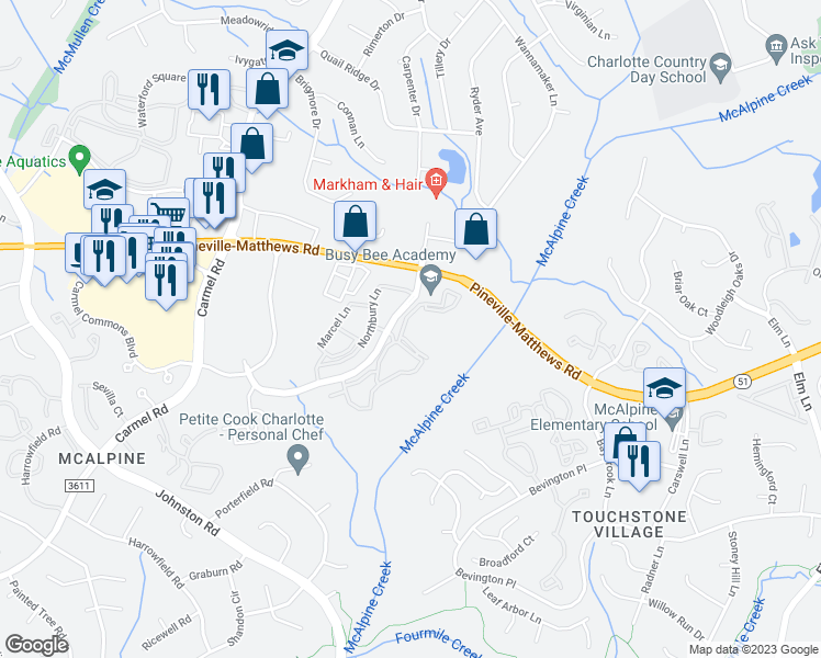 map of restaurants, bars, coffee shops, grocery stores, and more near 6745 Cow Hollow Drive in Charlotte