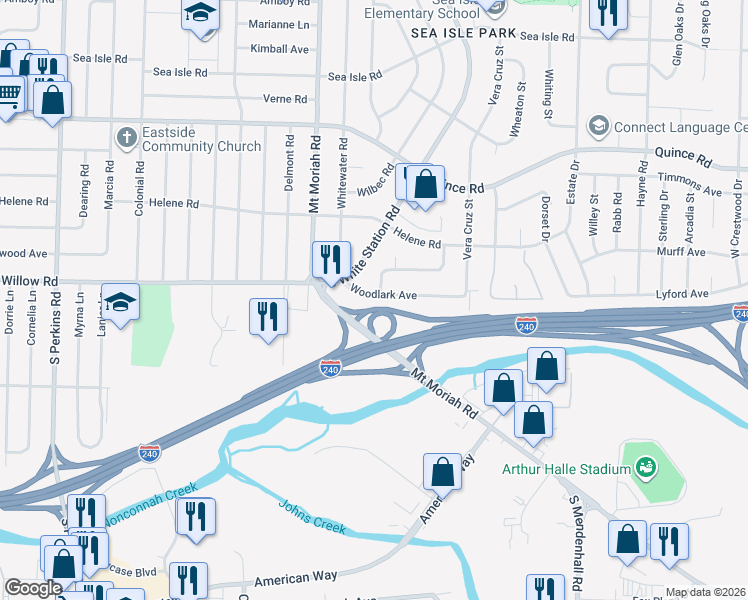 map of restaurants, bars, coffee shops, grocery stores, and more near 5041 Woodlark Avenue in Memphis