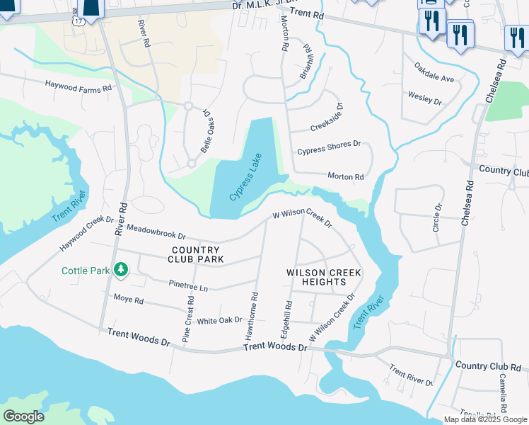 map of restaurants, bars, coffee shops, grocery stores, and more near 5100 Meadowbrook Drive in Trent Woods