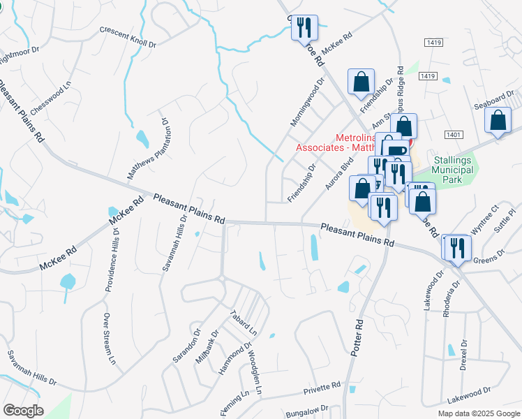map of restaurants, bars, coffee shops, grocery stores, and more near 5208 Morningwood Drive in Matthews