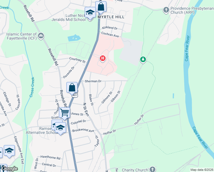 map of restaurants, bars, coffee shops, grocery stores, and more near 1926 Dogwood Street in Fayetteville