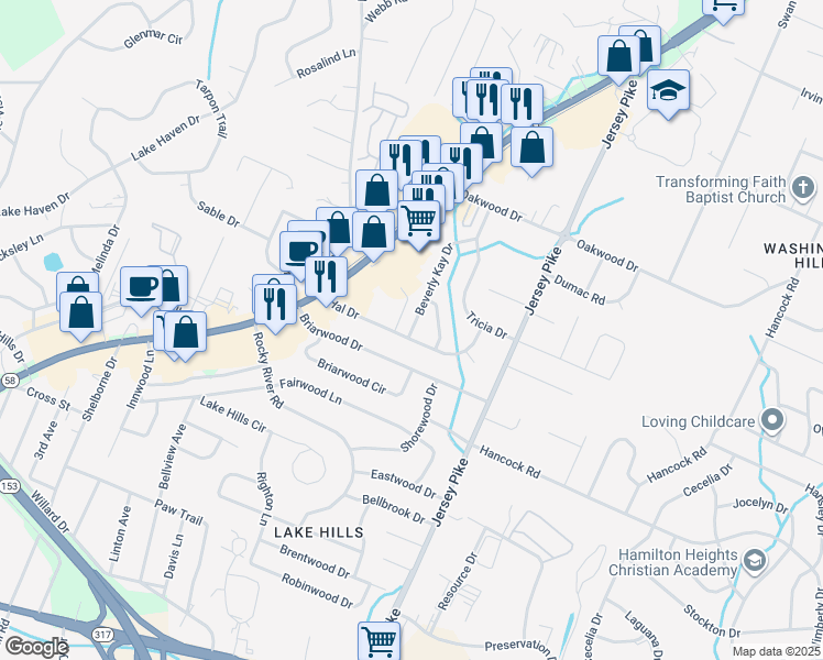map of restaurants, bars, coffee shops, grocery stores, and more near 4602 Beverly Kay Drive in Chattanooga