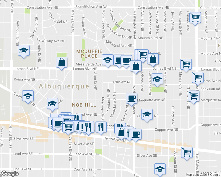 map of restaurants, bars, coffee shops, grocery stores, and more near 424 Fontana Place Northeast in Albuquerque