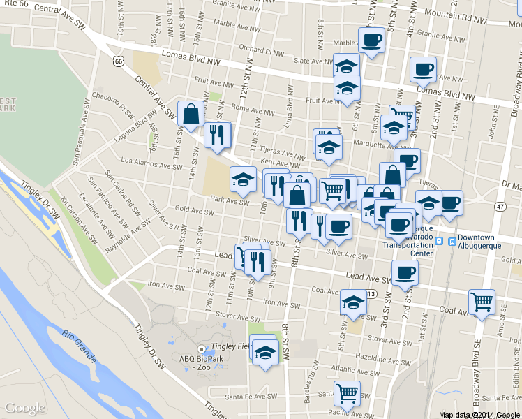 map of restaurants, bars, coffee shops, grocery stores, and more near 205 10th St SW in Albuquerque