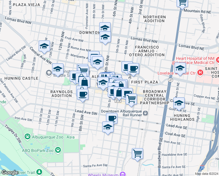 map of restaurants, bars, coffee shops, grocery stores, and more near 505 Central Avenue Southwest in Albuquerque