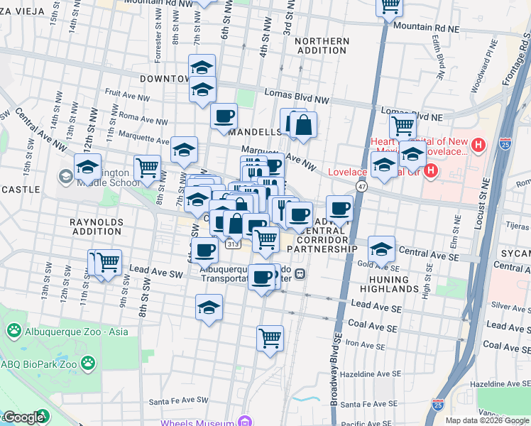 map of restaurants, bars, coffee shops, grocery stores, and more near 220 Copper Avenue Northwest in Albuquerque