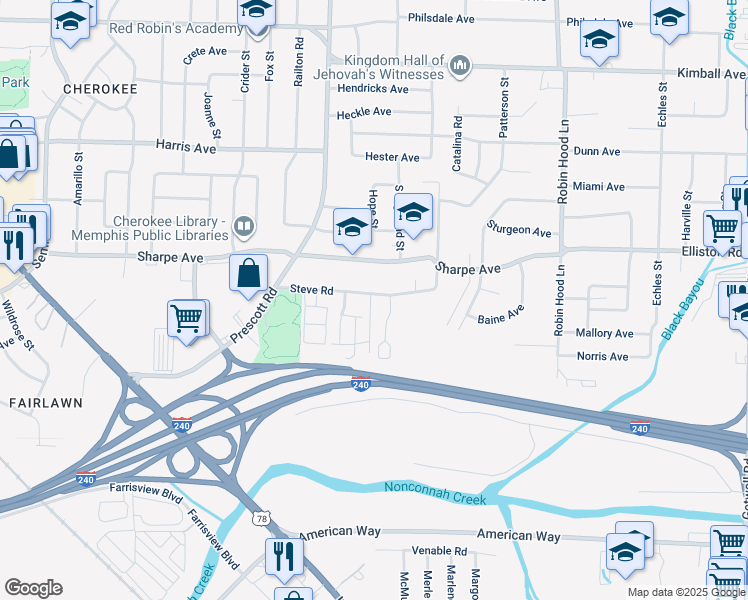 map of restaurants, bars, coffee shops, grocery stores, and more near 3447 Steve Road in Memphis