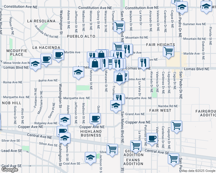 map of restaurants, bars, coffee shops, grocery stores, and more near 436 Manzano Street Northeast in Albuquerque