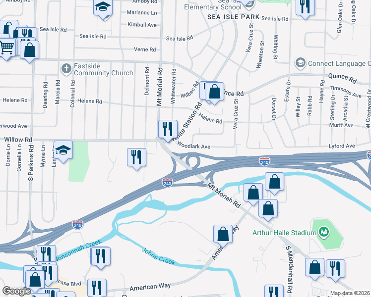 map of restaurants, bars, coffee shops, grocery stores, and more near 5041 Woodlark Avenue in Memphis
