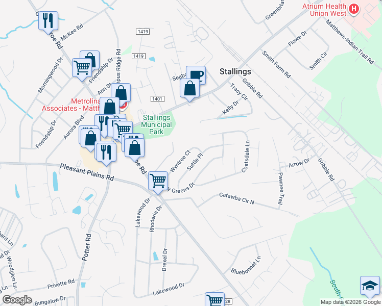 map of restaurants, bars, coffee shops, grocery stores, and more near 3104 Wyntree Court in Matthews