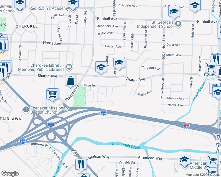 map of restaurants, bars, coffee shops, grocery stores, and more near 3447 Steve Road in Memphis