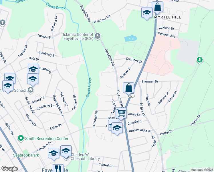 map of restaurants, bars, coffee shops, grocery stores, and more near 203 Tiffany Court in Fayetteville